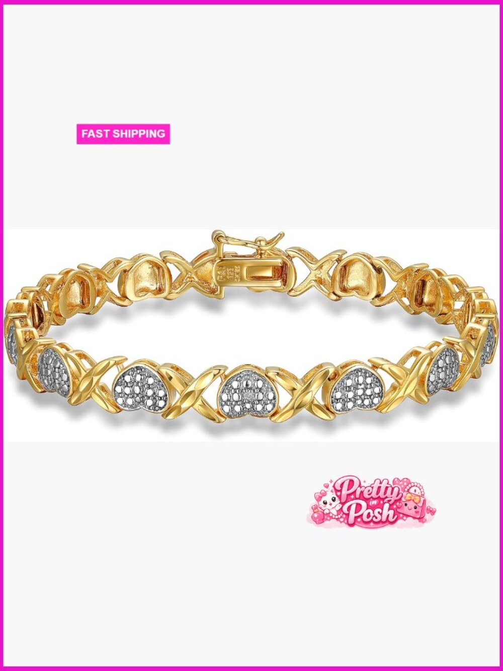 Sterling Silver 18K Yellow Gold Plated Diamond Accent XO Heart Tennis Bracelet